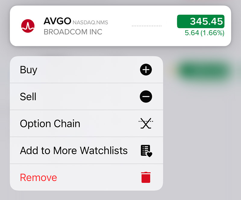 IBKR GlobalTrader – interface de toque prolongado