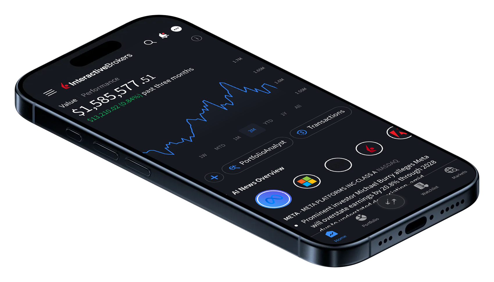Teléfono en ángulo con IBKR Mobile que muestra una cartera