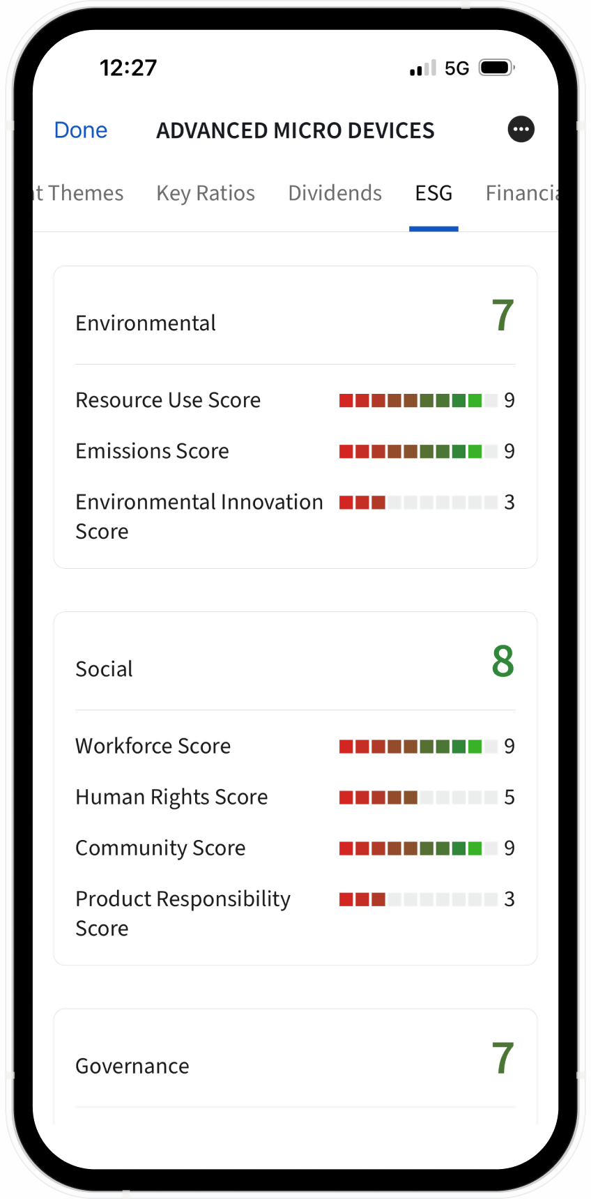 Phone showing ESG sample screen